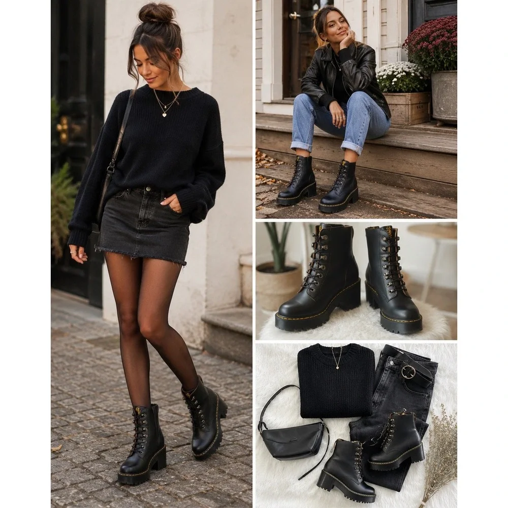 Dr. Martens Leona Boots Platform Chunky Black Vintage Smooth Leather Womens  88